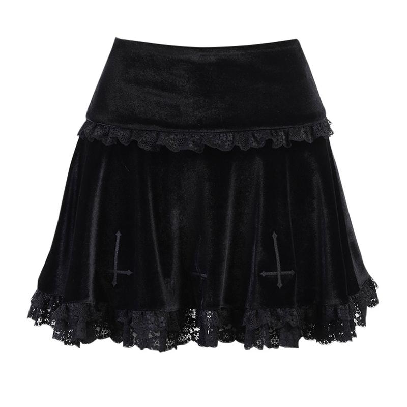 Women Fashion Cross Embroidery Skirt Ladies Female Stylish Lace Trim Skirt for Party