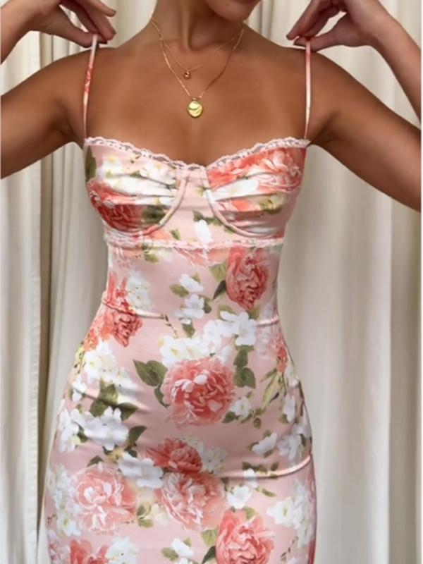 Women's Floral Print Lace Trim Vintage Cami Dress, Elegant Adjustable Strap Split Back Bodycon Dress, Women's Clothing, Dresses for Women, Ladies Summer Clothes