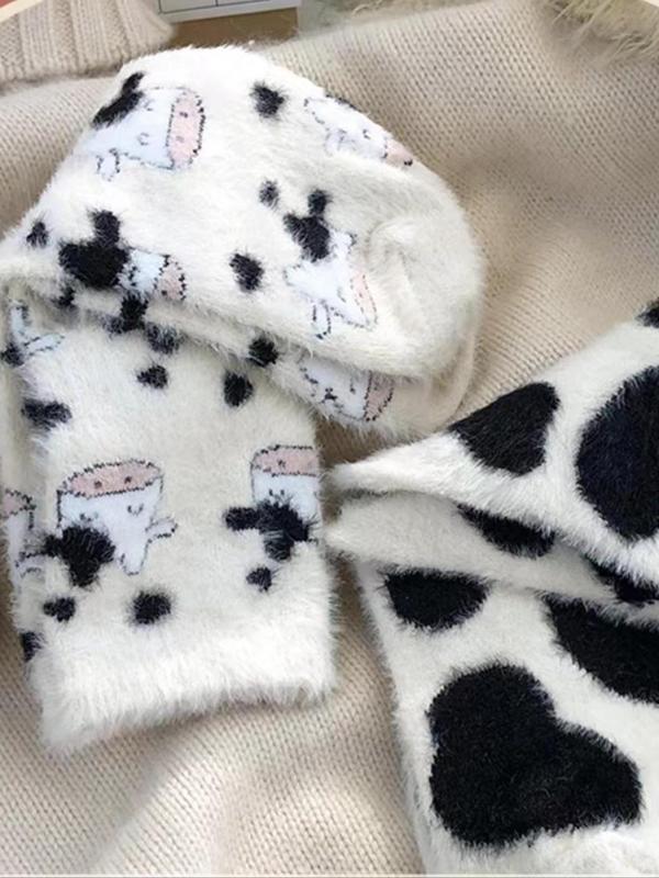 Women's Cute Cow Print Fuzzy Socks, Warm Crew Socks for Daily Wear, Casual Comfy Socks for Fall & Winter, Summer Wear 2024, Trendy Matching Knitting Socks, Fluffy Pajamas Womenswear