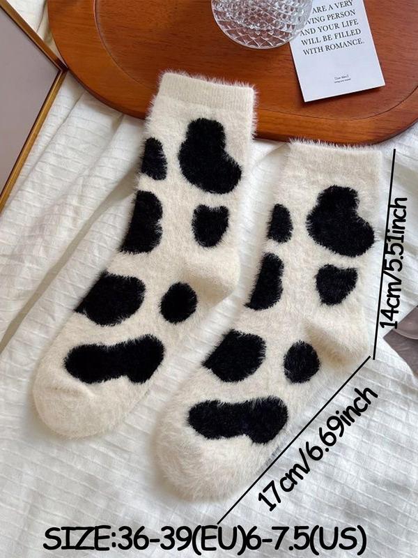 Women's Cute Cow Print Fuzzy Socks, Warm Crew Socks for Daily Wear, Casual Comfy Socks for Fall & Winter, Summer Wear 2024, Trendy Matching Knitting Socks, Fluffy Pajamas Womenswear