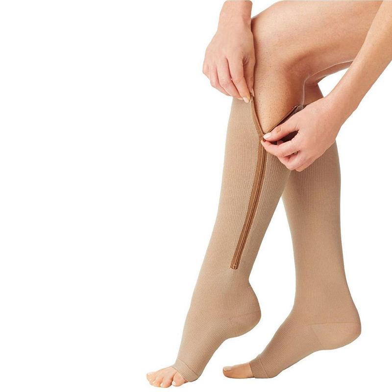 Unisex Zipper Anti-fatigue Compression Stockings Nylon Leg Support Stretch Pressure Long Socks Knee High Open Toe Socks