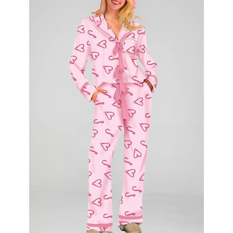 Mommy Matching Pajamas Bow Heart Print Tie Front Long Sleeve Tops and Long Pants Set Family Matching Sleepwear