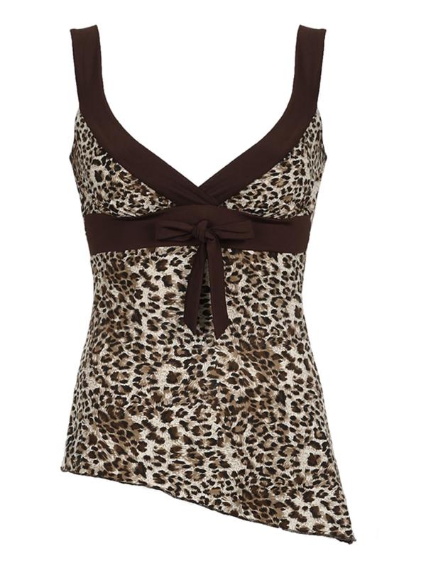 Women's Leopard Print Bow Decor Contrast Binding Tank Top, Asymmetrical Hem Sleeveless Tops for Summer, Fashion Women's Top for Daily Wear, Garage Tank Tops