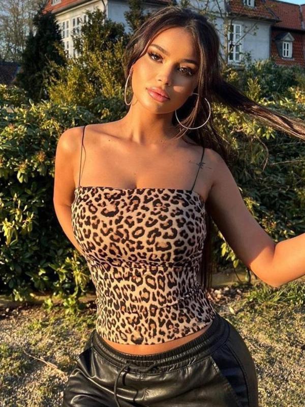 Women's Leopard Print Backless Cami Top, 2000s Y2K Casual Spaghetti Strap Crop Top for Summer, Ladies Clothes for Party Vacation