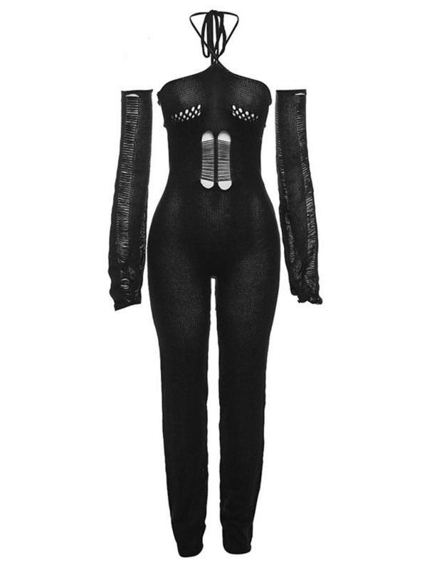 Women's Ripped Lace Up Sweater Jumpsuit, Basic Comfort Halter Neck Backless Jumpsuit, Jumpsuit for Women, Fall Outfits, Ladies' Clothes for Party Club, Please Purchase A Size Up Sweater