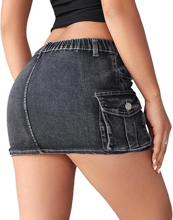 MNLYBABY New Women's Cargo Mini Denim Skirt Low Waist Button Bodycon with Pockets Y2K Girl Streetwear Casual Womenswear Bottom Matching Party