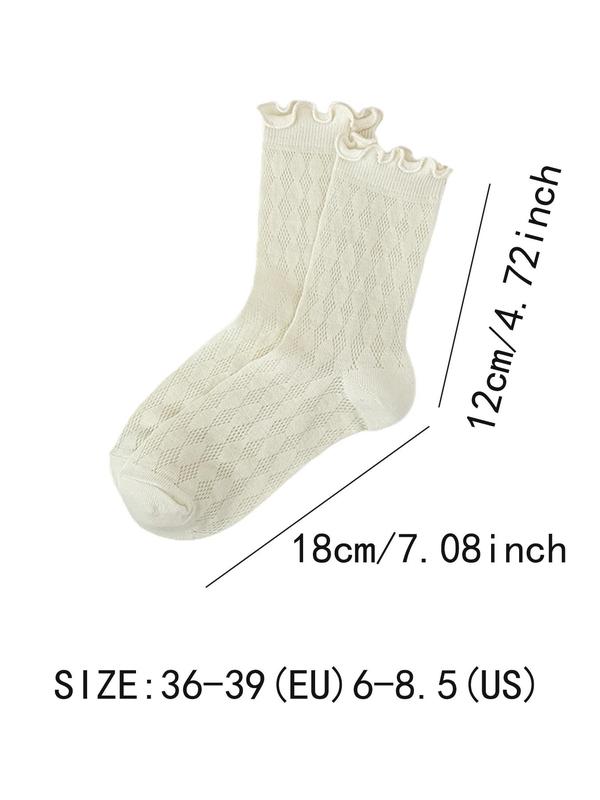 Women's Solid Lettuce Trim Crew Socks, Casual Comfy Hollow Out Socks for Daily Wear, Soft Breathable Socks for All Seasons