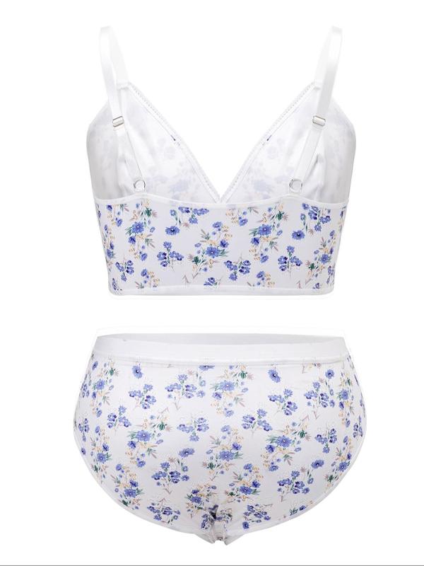  Two-Piece Set Ditsy Floral Print Wireless Bra & Tape Panty, Adjustable Strap Lingerie Set, Soft Comfy Breathable Underwear Set for Women