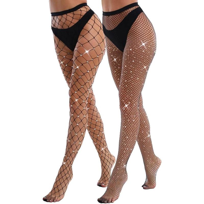 2 Pack Sparkly Large And Medium Mesh Fishnet Tights For Women Glitter Rhinestone Fishnets Stockings