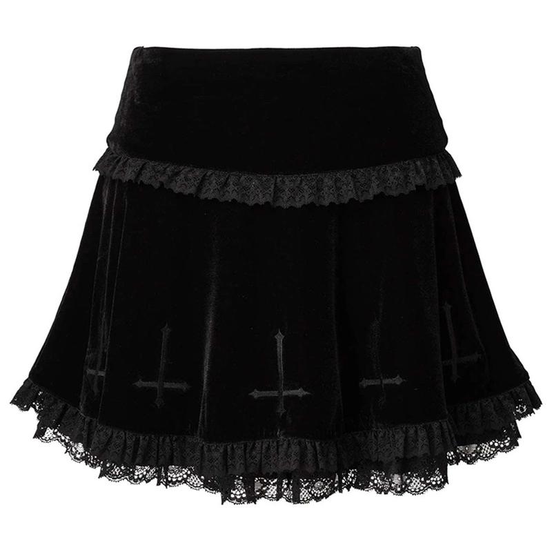 Women Fashion Cross Embroidery Skirt Ladies Female Stylish Lace Trim Skirt for Party