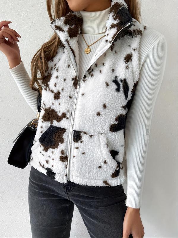 Women's Cow Print Pocket Zip Up Fuzzy Vest Jacket, Casual Fashionable Stand Collar Sleeveless Outerwear for Daily Outdoor Wear, Ladies Clothes for Spring & Fall