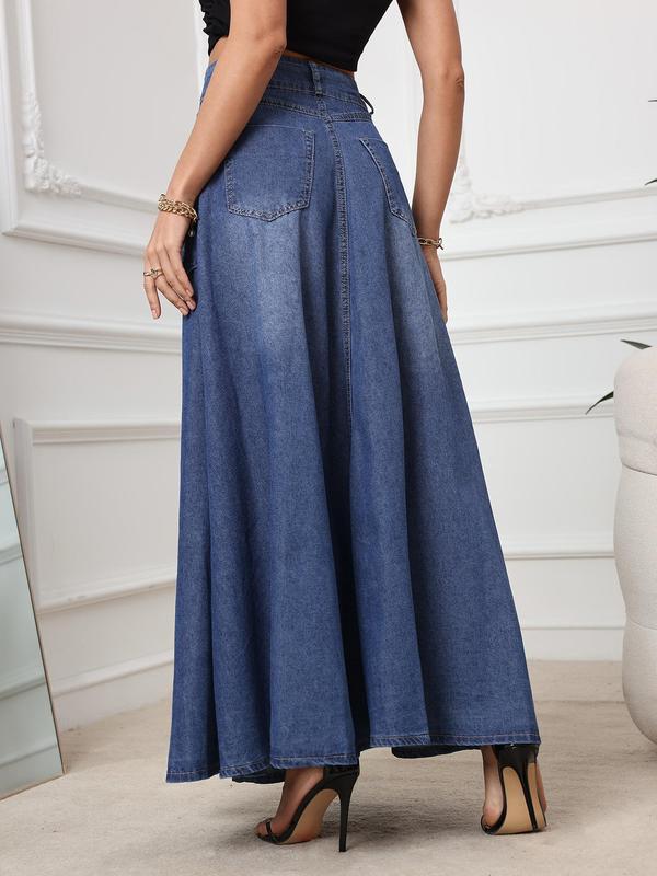 Women's Plain Button Front Pocket A Line Denim Skirt, Casual Fashion Long Skirt for Daily Wear, Ladies Clothes for All Seasons