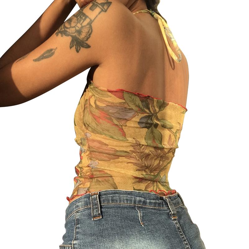 Ladies Summer Sexy Midriff-baring Camisole, Floral Printing Stringy Selvedge Hem Hanging Neck Sleeveless Mesh Tops