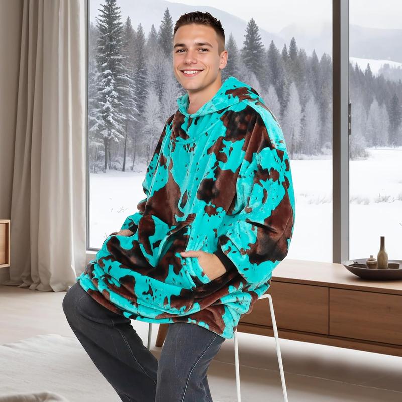 Blue Cow Print Wearable Blanket Hoodie Oversized Fleece Sweatshirt Blanket with Giant Pocket Warm Cozy Hooded Blanket for Adult Cow Gifts for Women Men