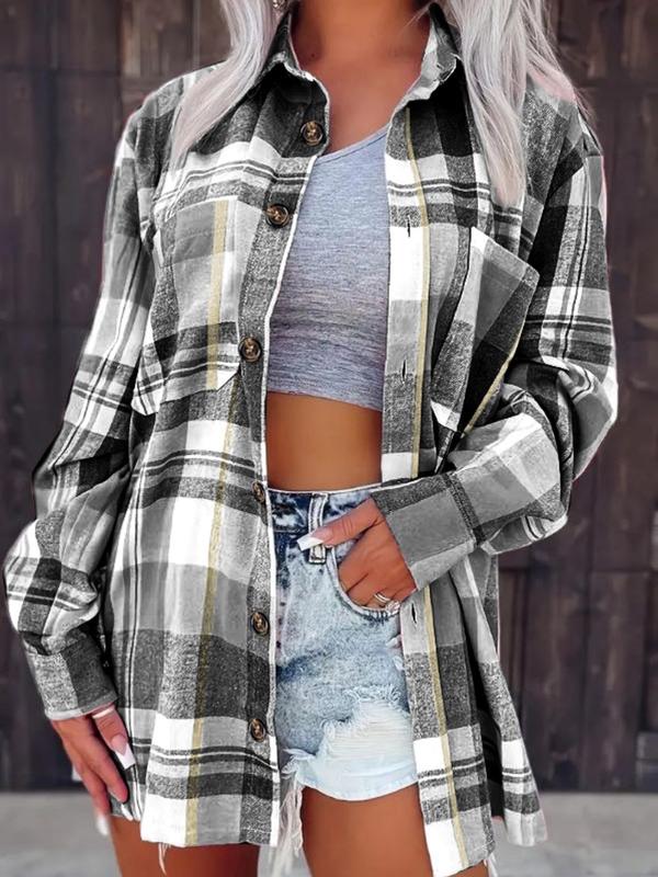  Plaid Print Button Front Collared Shirt, Comfort Long Sleeve Pocket Top, Fall Clothing, Clothes for Women, Lady's Fitted Clothes, Womenswear