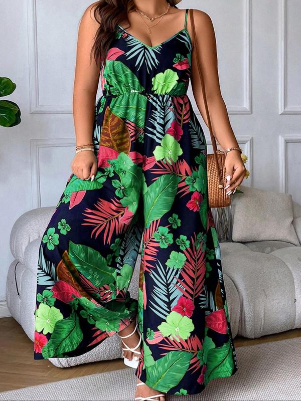  Plants Print Backless Cami Jumpsuit, Elegant Sleeveless Wide Leg Jumpsuit for Summer, Women's Plus Clothing for Daily Wear