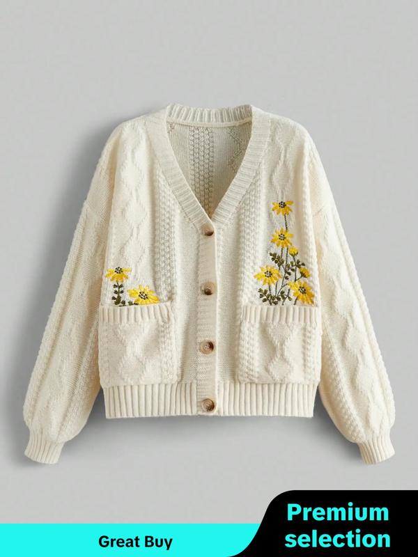 Women's Floral Embroidered Cable Knit Cardigan, Casual Long Sleeve Button Front Pocket Fall Knitwear, Fashion Ladies' Knit Clothing for Fall, Vintage Clothing, Preppy 80s Clothes