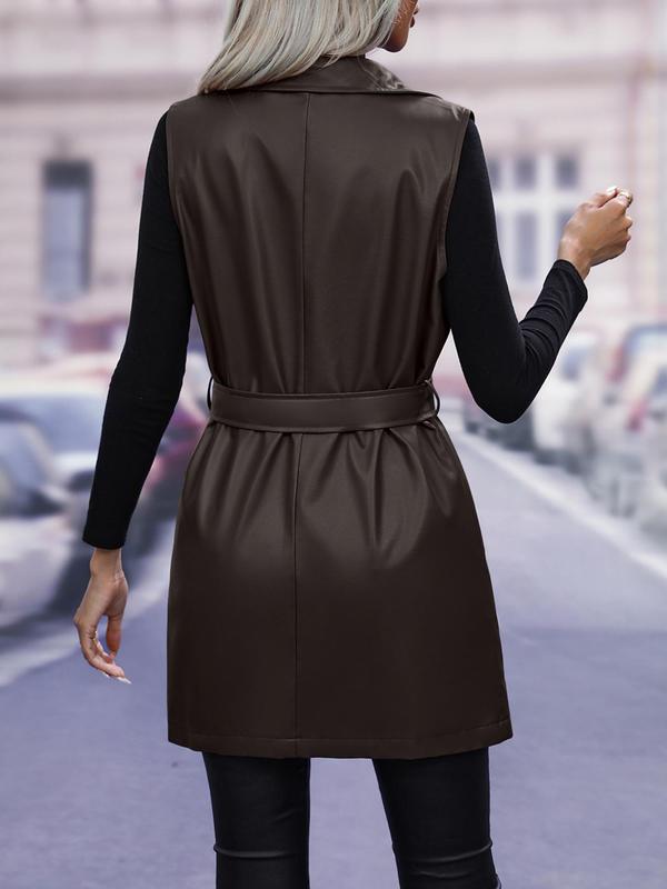 Women's Solid Belted Lapel Neck PU Leather Waistcoat, Elegant Fashion Casual Sleeveless Outerwear for Daily Outdoor Wear, Women Clothing for Fall & Winter