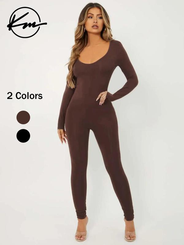 Women's Plain Tight Sleeve Scoop Neck Skinny Jumpsuit, Casual Long Sleeve Tight Fitting Jumpsuit for Spring & Fall, Ladies Clothes for Daily Wear