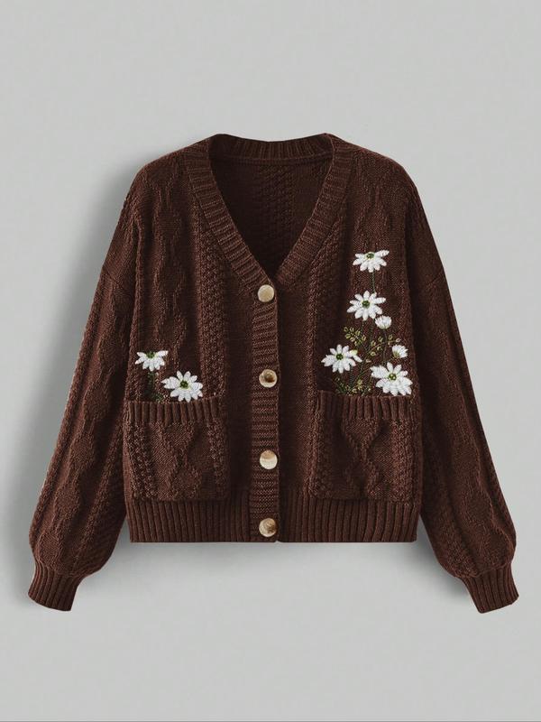 Women's Floral Embroidered Cable Knit Cardigan, Casual Long Sleeve Button Front Pocket Fall Knitwear, Fashion Ladies' Knit Clothing for Fall, Vintage Clothing, Preppy 80s Clothes