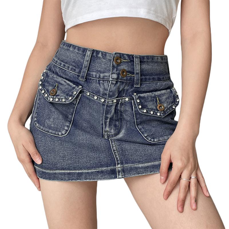 Womens Y2k Mini Denim Skirt Low Waisted Bodycon Short Pencil Jeans Skirts with Pockets 90s Streetwear