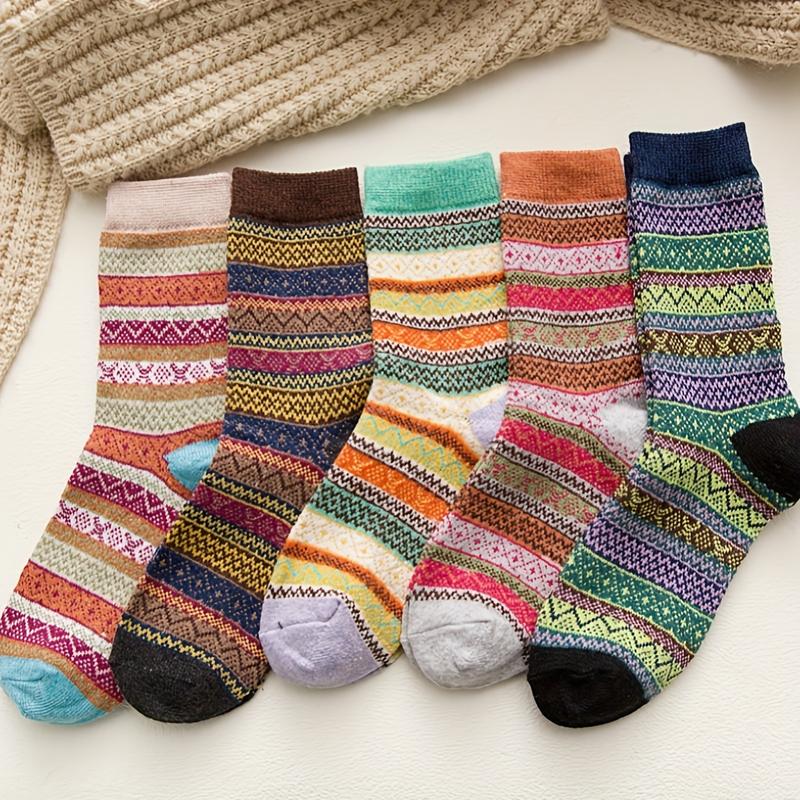 5 pairs of comfortable wool color block geometric pattern in the calf socks, suitable for women to wear-ultra-soft, breathable, comfortable-daily wear