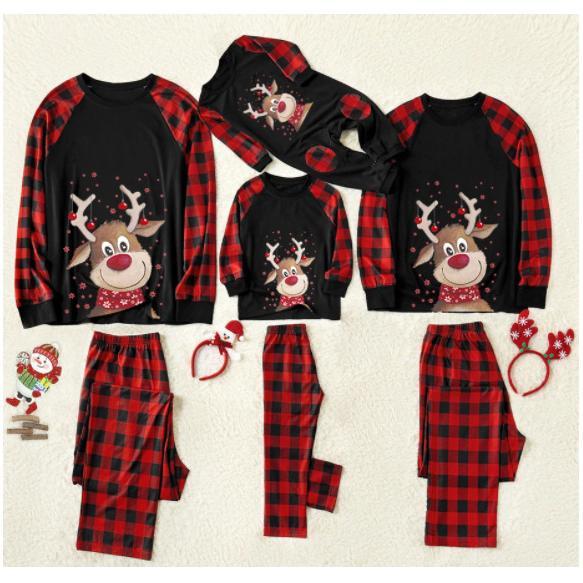 Christmas Costume Family Matching Deer Plaid Print Pajamas Round Neck Parent-child Clothing