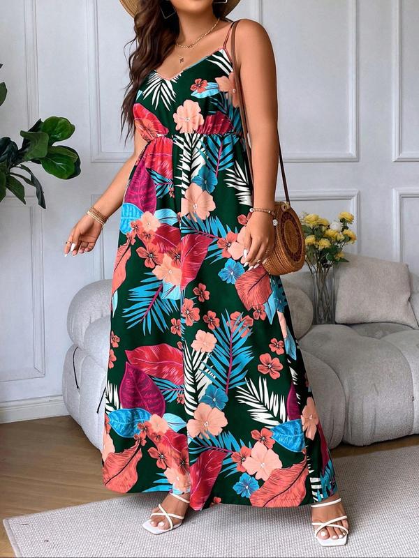  Plants Print Backless Cami Jumpsuit, Elegant Sleeveless Wide Leg Jumpsuit for Summer, Women's Plus Clothing for Daily Wear