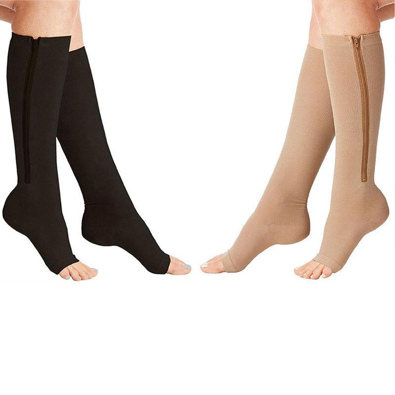 Unisex Zipper Anti-fatigue Compression Stockings Nylon Leg Support Stretch Pressure Long Socks Knee High Open Toe Socks