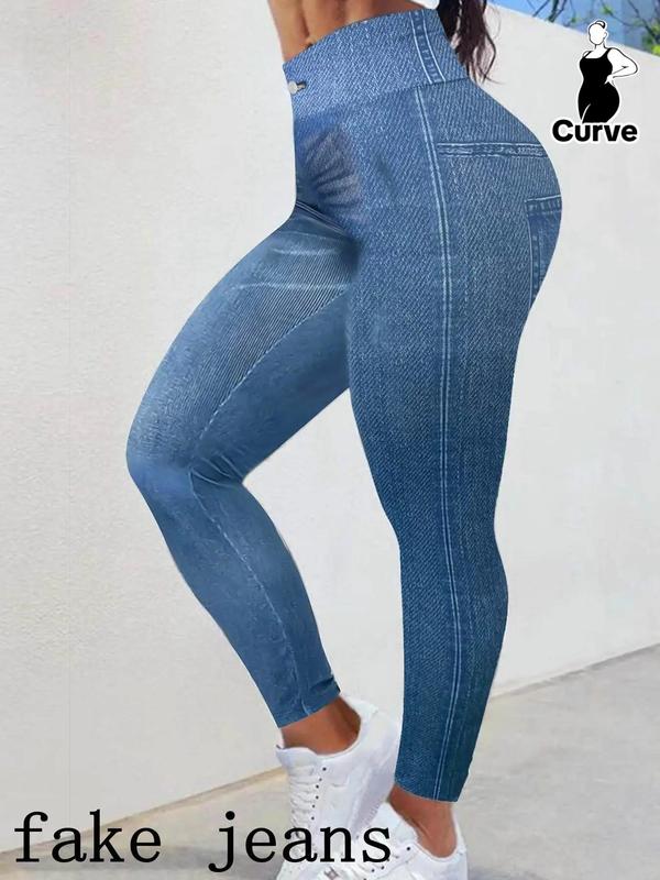 Plus Size Denim-Effect Print High Waist Blue Leggings, Womenswear, Comfort Basic Minimalist Casual Stretchy Skinny Pants Trousers for Daily Outdoor Streetwear, Women's Bottoms for Lady Spring & Fall