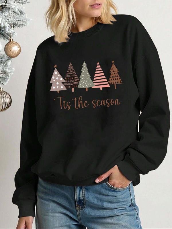 Women's Christmas Tree & Letter Print Drop Shoulder Sweatshirt, Casual Long Sleeve Round Neck Pullover for Fall & Winter, Ladies Clothes for Daily Wear