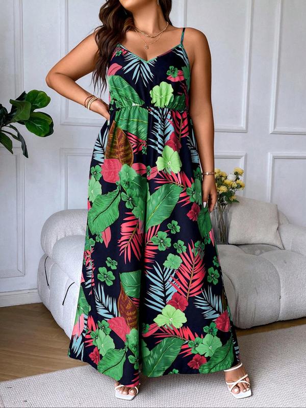  Plants Print Backless Cami Jumpsuit, Elegant Sleeveless Wide Leg Jumpsuit for Summer, Women's Plus Clothing for Daily Wear