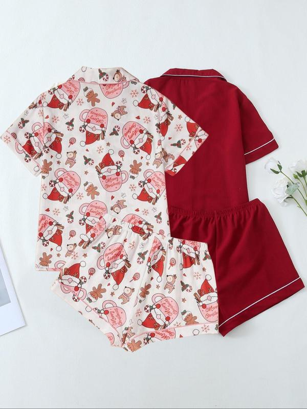 Women's Christmas Themed Pajama Set, Cute Heart  all Over Print Short Sleeve Lapel Neck Pocket Shirt & Elastic Waist Shorts Pj Set, Stylish Loungewear Women, Women's Sleepwear for All Seasons