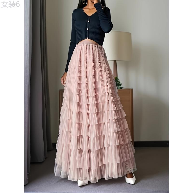 Multilayer Ruffles Tulle Skirt, Casual Fluffy Skirt For Spring & Summer, Women's Clothing Fabric Womenswear