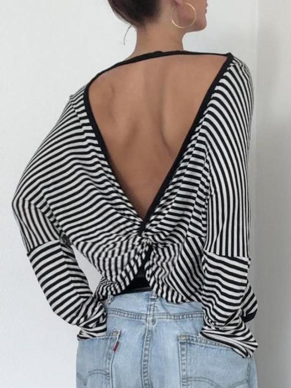 Women's Striped Print Twist Backless Batwing Sleeve Tee, Casual Boat Neck Long Sleeve T-Shirt for Daily Wear, Ladies Clothes for All Seasons