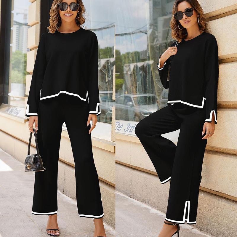 YeoKou Women's 2 Piece Outfits Long Sleeve Knit Sweater Top Wide Leg Pants Lounge Sets Tracksuits