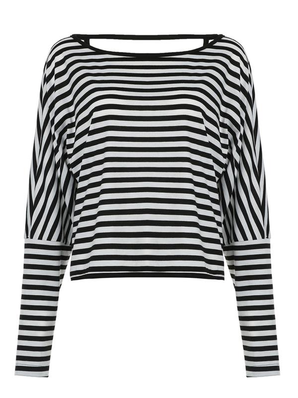 Women's Striped Print Twist Backless Batwing Sleeve Tee, Casual Boat Neck Long Sleeve T-Shirt for Daily Wear, Ladies Clothes for All Seasons