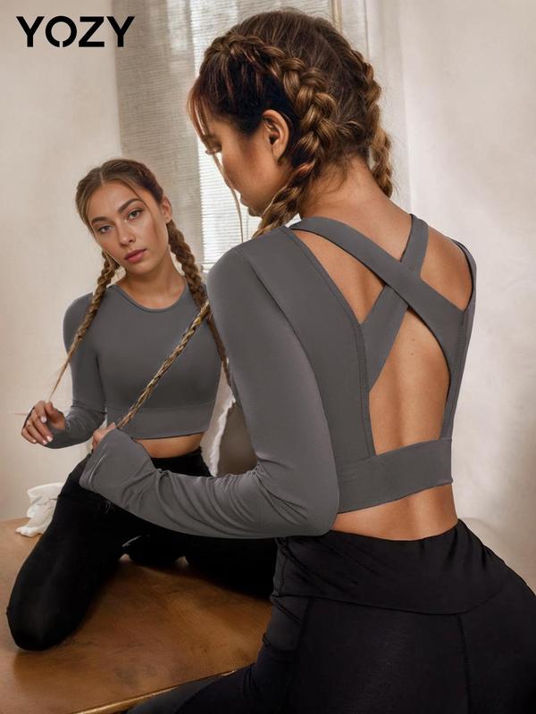 Christmas Deals,  YOZY Women's Solid Criss Cross Backless Crop Tee, Casual Long Sleeve Round Neck Skinny T-shirt for Yoga Gym, Ladies Clothing for All Seasons, Christmas 2024 Trend, Christmas Clothes, Fall&Winter Clothes, Christmas Gift Ideas