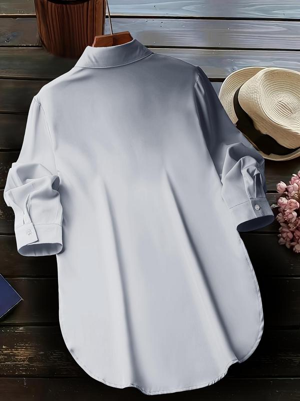 Women's Plain Button Front Split Side Shirt, Casual Long Sleeve Collared Top for Fall, Ladies Clothes for Daily Wear, Fall Outfits, Fallfreshness, Hourglass Body in Baggy Clothes