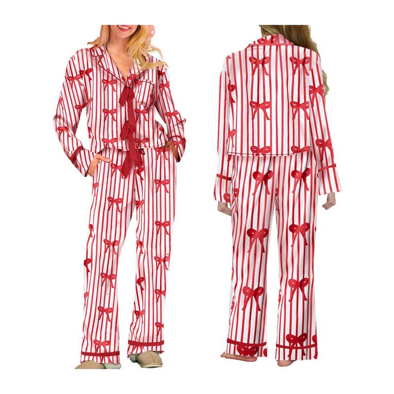 Mommy Matching Pajamas Bow Heart Print Tie Front Long Sleeve Tops and Long Pants Set Family Matching Sleepwear