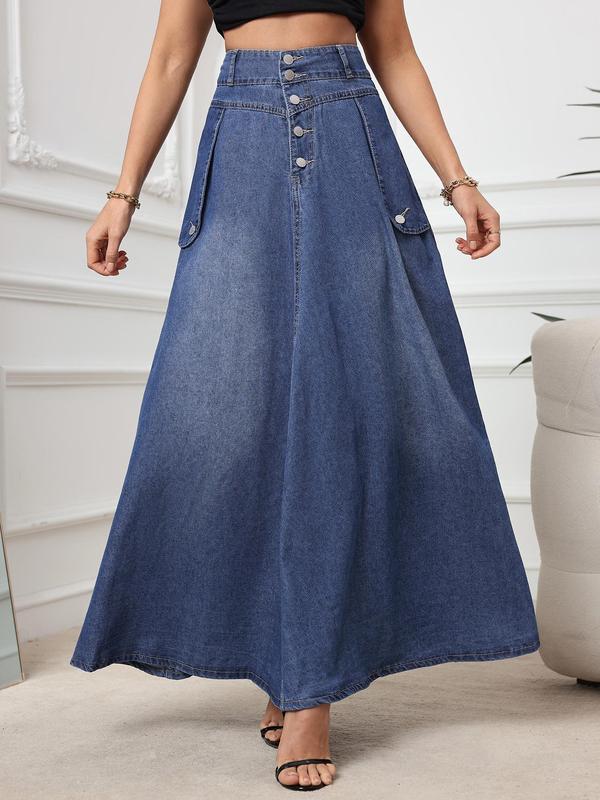 Women's Plain Button Front Pocket A Line Denim Skirt, Casual Fashion Long Skirt for Daily Wear, Ladies Clothes for All Seasons