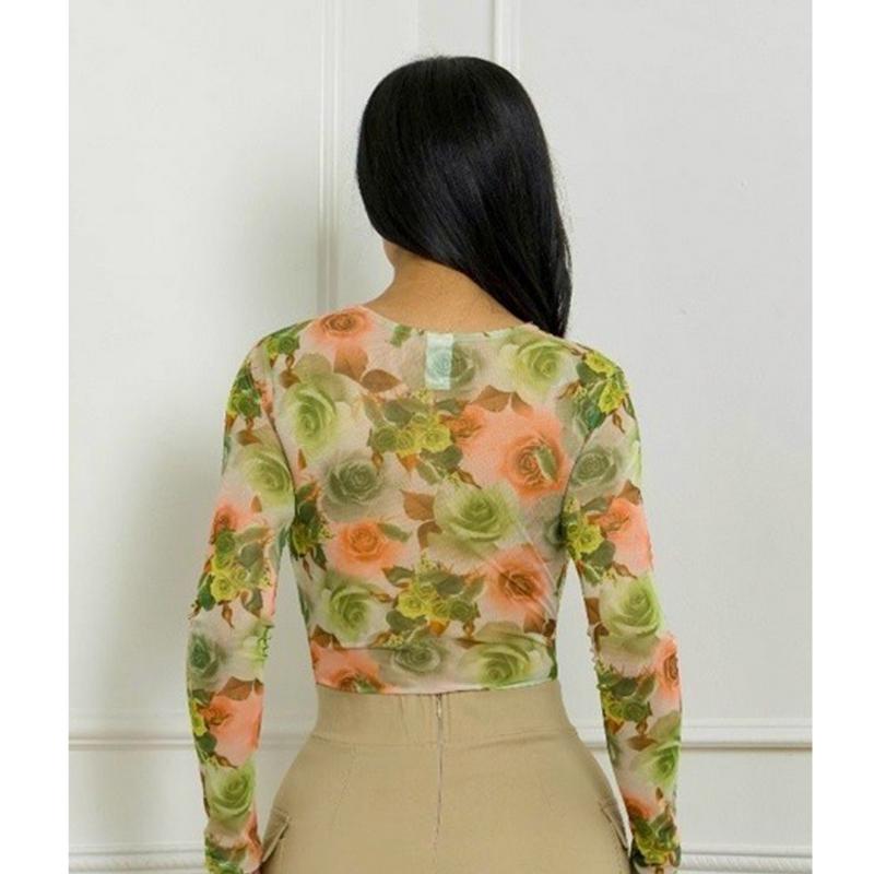 Mesh, Floral print, fitted, bodysuit with a v-neckline Casual Long Sleeve Long Sleeve Simple