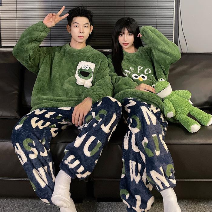 Couple Pajamas Autumn New Pajamas Women's Coral Fleece Fleece Lined Padded Warm Keeping Men's Cartoon Home Wear Suit