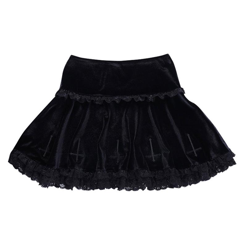 Women Fashion Cross Embroidery Skirt Ladies Female Stylish Lace Trim Skirt for Party