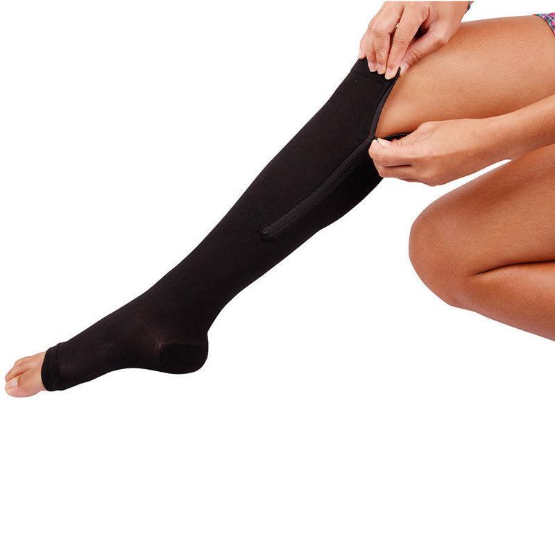 Unisex Zipper Anti-fatigue Compression Stockings Nylon Leg Support Stretch Pressure Long Socks Knee High Open Toe Socks