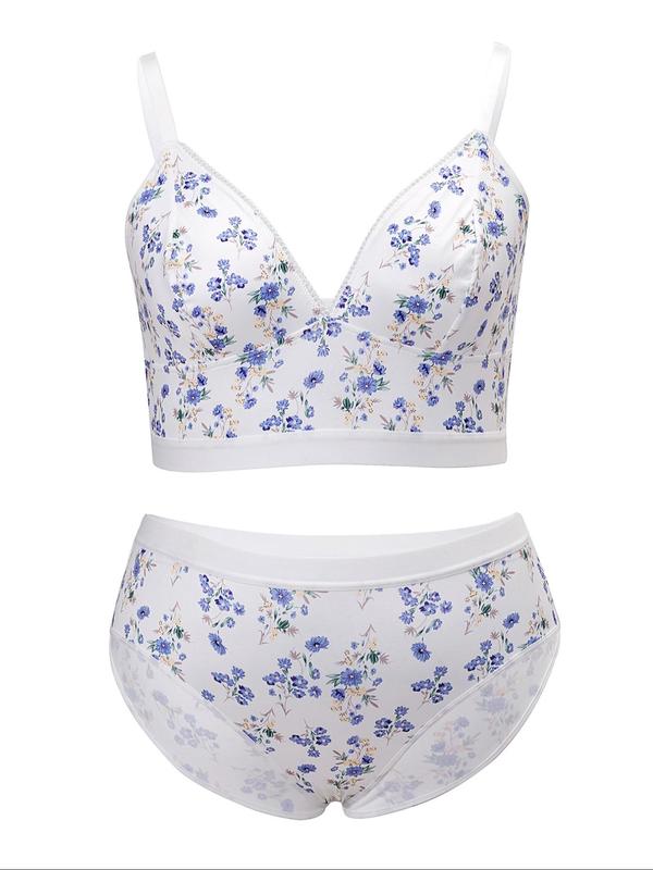  Two-Piece Set Ditsy Floral Print Wireless Bra & Tape Panty, Adjustable Strap Lingerie Set, Soft Comfy Breathable Underwear Set for Women