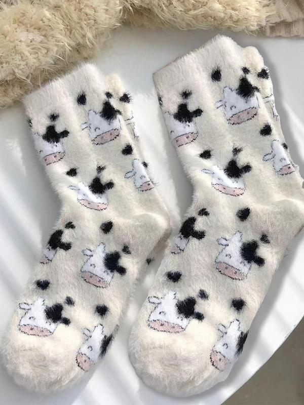 Women's Cute Cow Print Fuzzy Socks, Warm Crew Socks for Daily Wear, Casual Comfy Socks for Fall & Winter, Summer Wear 2024, Trendy Matching Knitting Socks, Fluffy Pajamas Womenswear