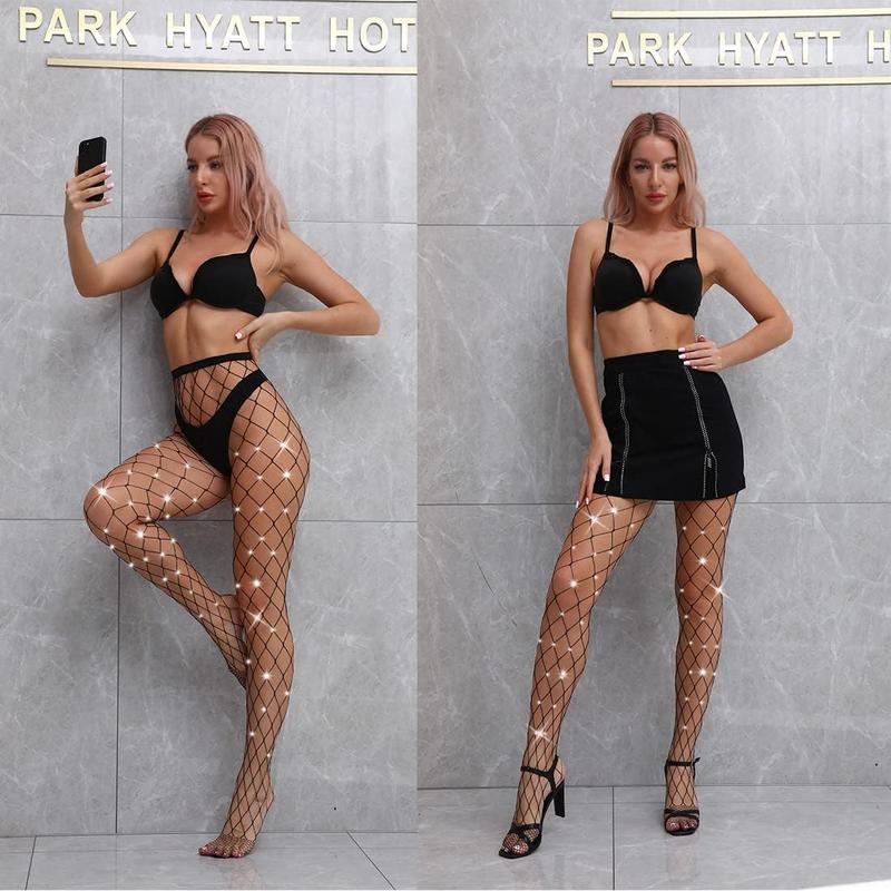 2 Pack Sparkly Large And Medium Mesh Fishnet Tights For Women Glitter Rhinestone Fishnets Stockings