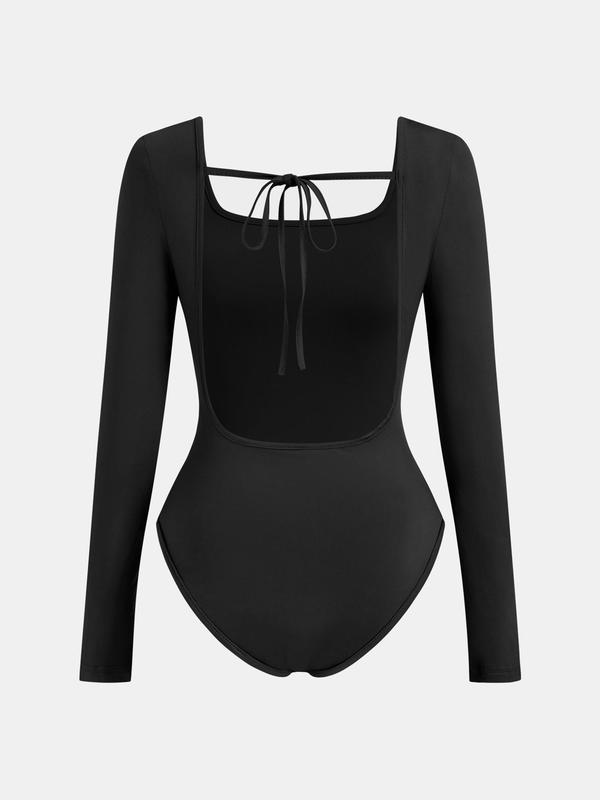 YOZY Women's Solid Tie Back Backless Bodysuit, Casual Long Sleeve Square Neck Bodysuit for Daily Wear, Ladies Clothes for All Seasons