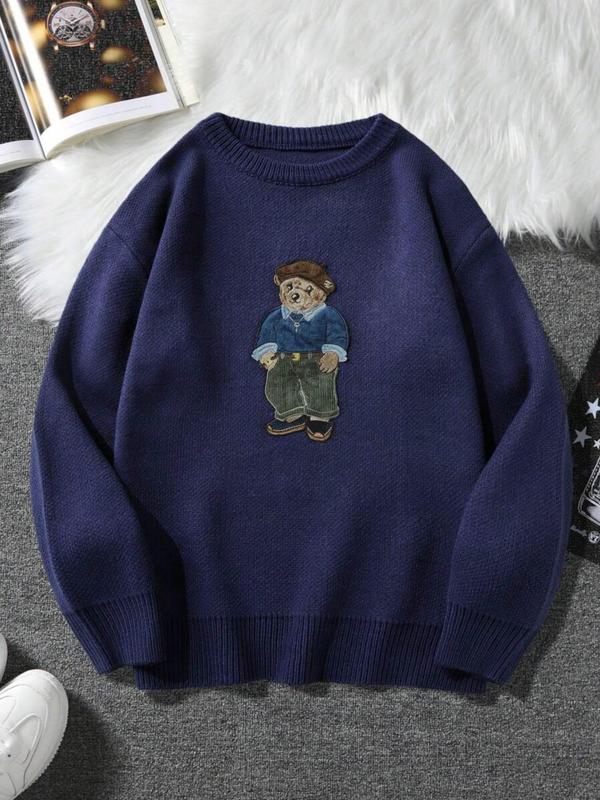 Unisex Cartoon Bear Print Crew Neck Sweater, Casual Loose Long Sleeve Jumper for Fall & Winter, Fashion Ladies' Knitwear for Daily Wear